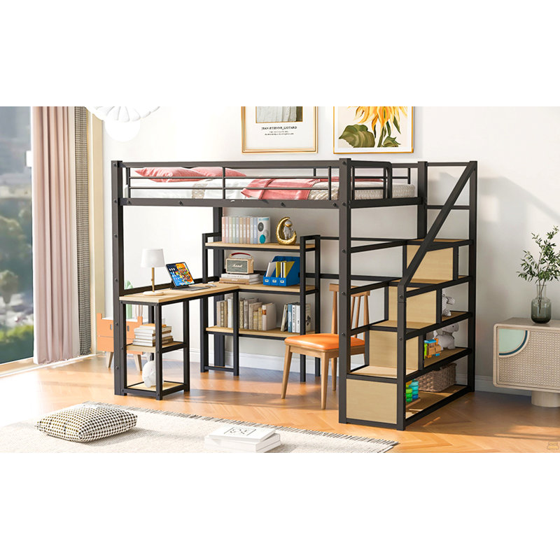 Lit mezzanine double en métal avec escalier, bureau intégré et tablettes, noir