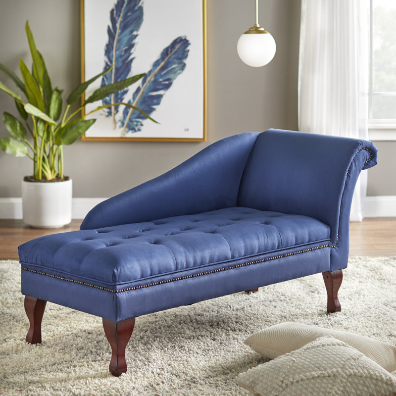 Méridienne capitonnée à accoudoir droit encastré avec rangement Elyzza, Microfibre bleue