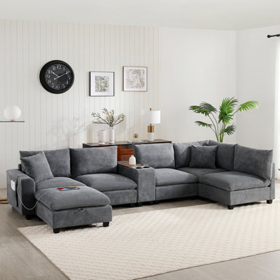 U-Shaped Modular Sectional Sofa with Movable Ottoman and USB Charging, Indoor Sofa for Relaxation