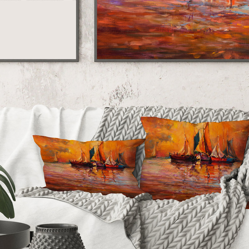 Housse et housse de coussin rectangulaires «Bateaux sur l'océan pendant le coucher de soleil I»