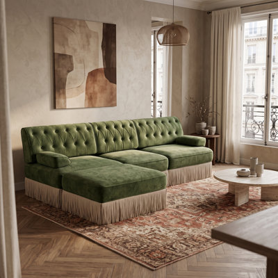 Canapé d'angle modulaire 3 places avec pouf, jupe à franges d'inspiration vintage, dossier capitonné et assise flexible, vert