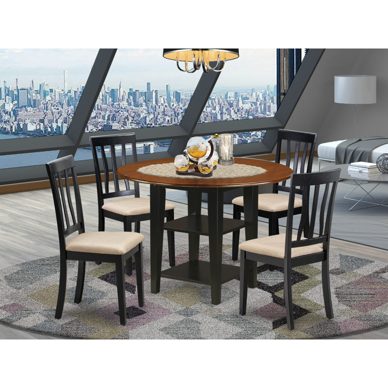 Ensemble de cuisine 5 pièces comprenant une table ronde avec abattant et étagères, et 4 chaises de salle à manger en lin, 107 x 107 cm, noir et cerisier.
