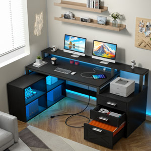 Ravleen 66'' W L-Shaped Computer Desk with Cube Shelves and Cabinet