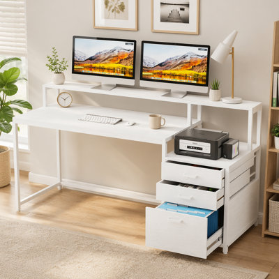 Bureau d'ordinateur 63 po, bureau ergonomique avec tiroirs et support pour écran 63 po