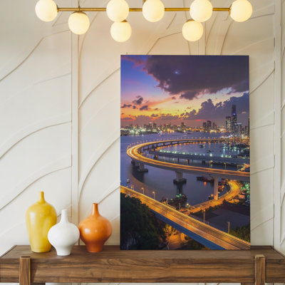 Wall Art Futuristic Cityscape Elevated Highway And Harbor At Dusk Canvas Ready To Hang Gallery Wrapped Home Decor Modern Design Decor