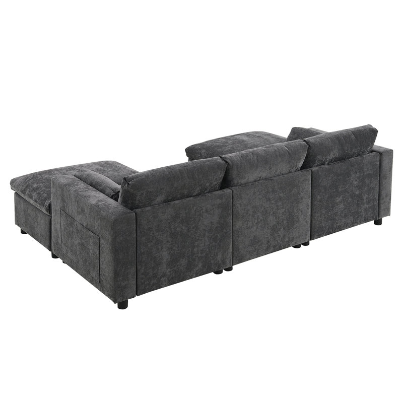 Canapé modulaire en chenille avec repose-pieds amovible et poches de rangement latérales, Chenille grise foncée