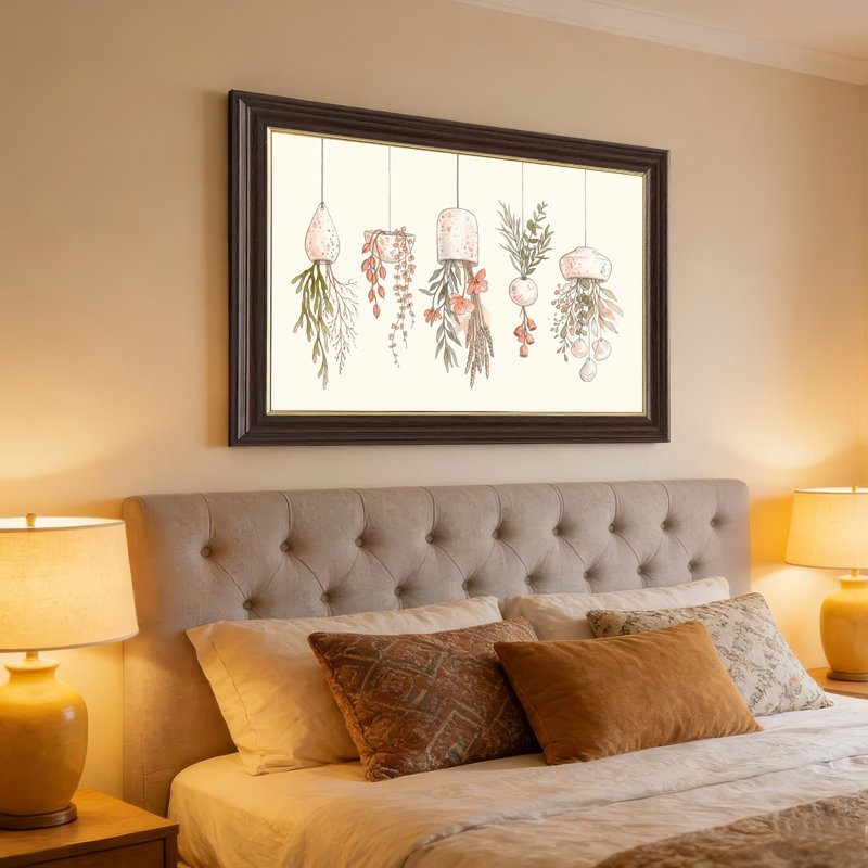 Art mural antique sur toile encadré doré pour le salon, la chambre à coucher, le bureau ou le vestibule - Décoration murale décorative avec plantes suspendues