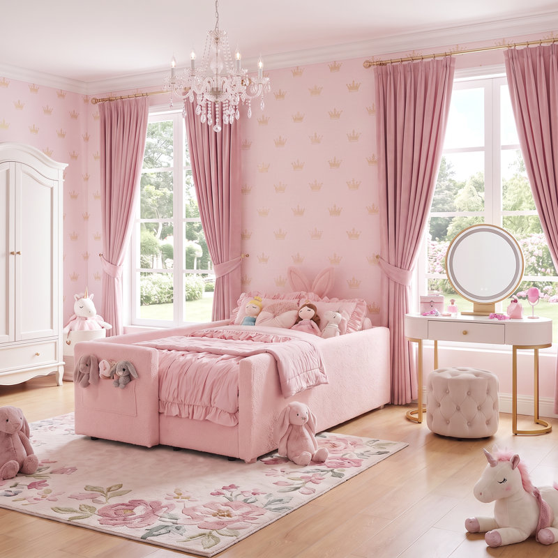 Lit plateforme rose à boucle simple, tête de lit à oreilles de lapin, barrière de sécurité et poche de rangement latérale