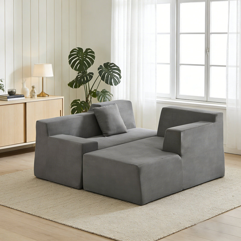 Canapé en L en velours côtelé avec dossier haut et coussins, Face à la droite, Polyester gris