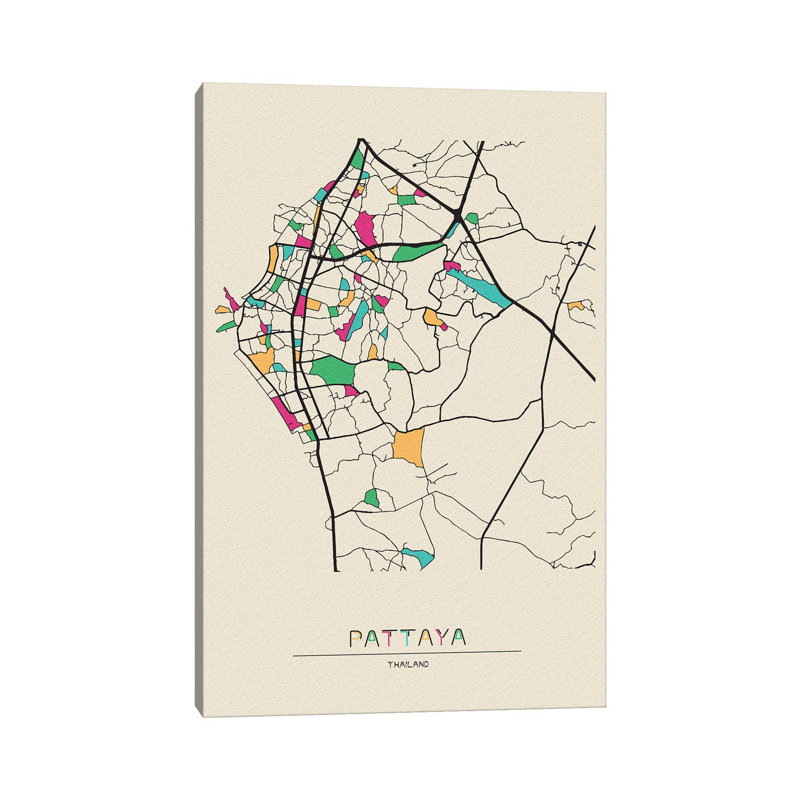 Pattaya, Thailand Map by Ayse Deniz Akerman - Wrapped Canvas Print, 20.32 cm H x 30.48 cm W