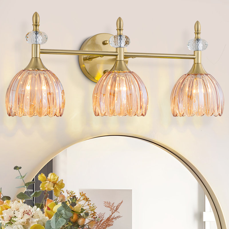 3-Light Floral Wall Sconce With Green Or Amber Glass Shades, Brown