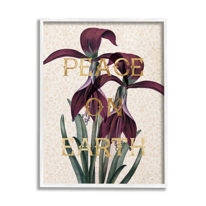 Paix sur terre, iris mauve, motif élégant surdimensionné sur toile tendue par Daphne Polselli, Cadre blanc, H 30 po x l 24 po
