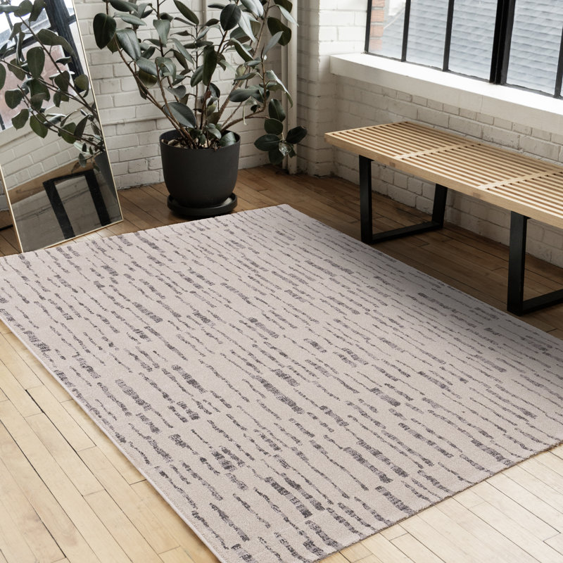 Tapis rayé blanc contemporain contemporain, 6 pi 7 po x 9 pi 6 po