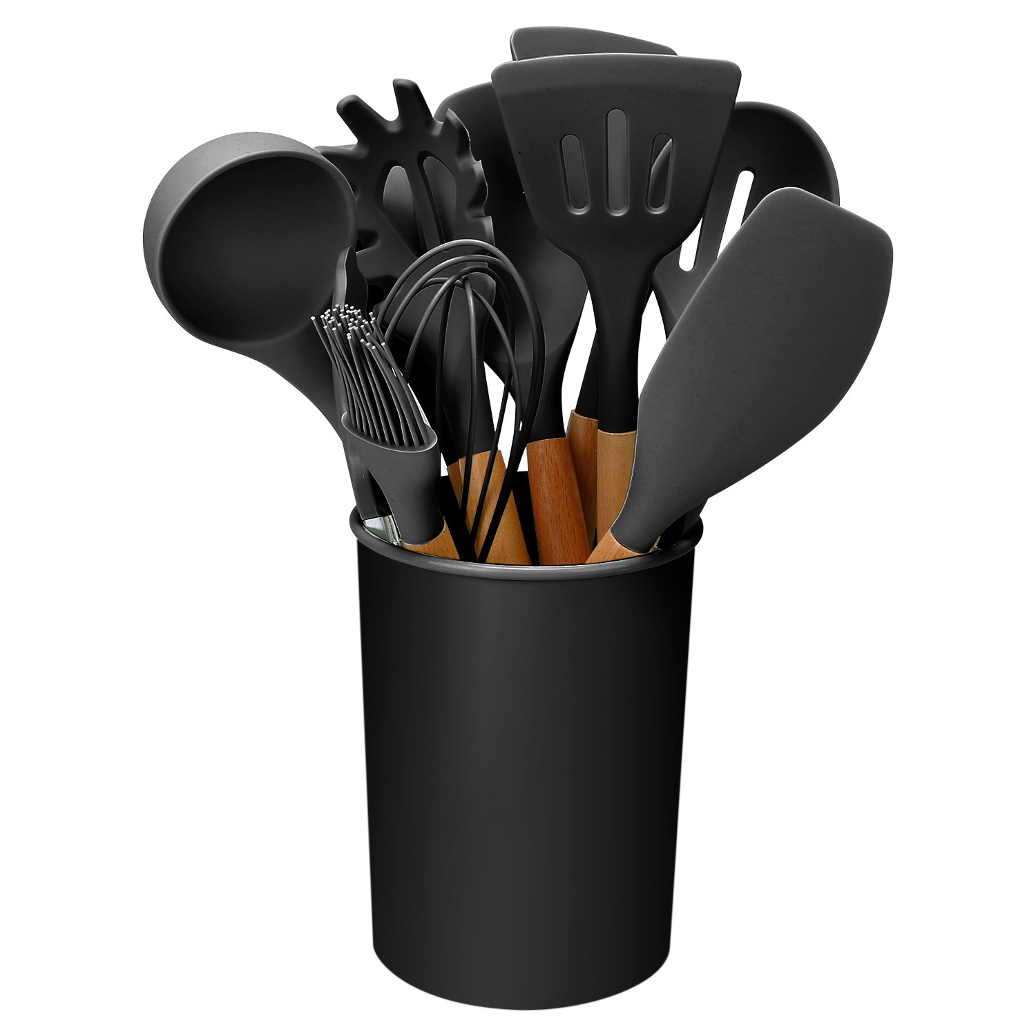 iMounTEK 11-Piece Silicone Kitchen Utensil Set with Wooden Handles - Heat Resistant, Non-Scratch, BPA-Free - Includes Holder for Easy Storage & Reviews | Wayfair