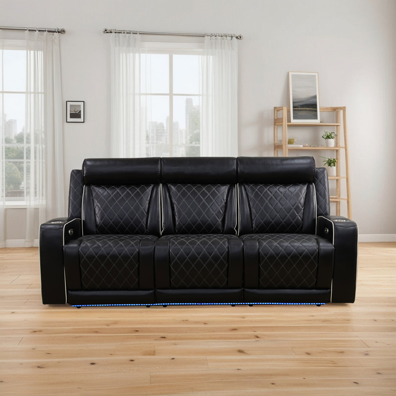 Canapé inclinable électrique 83,8 po en similicuir respirant avec DEL, table rabattable et porte-gobelet, recharge sans fil
