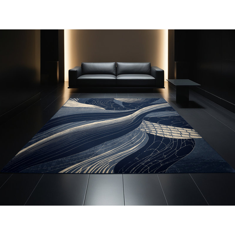 Tapis bleu moelleux et moelleux à motif abstrait éclectique Rosehill Lamia, 7 x 9