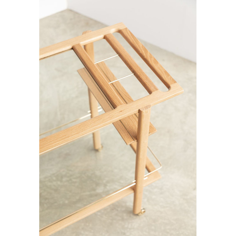 Solid Wood Bar Cart with Wheels, White Oak/Brass