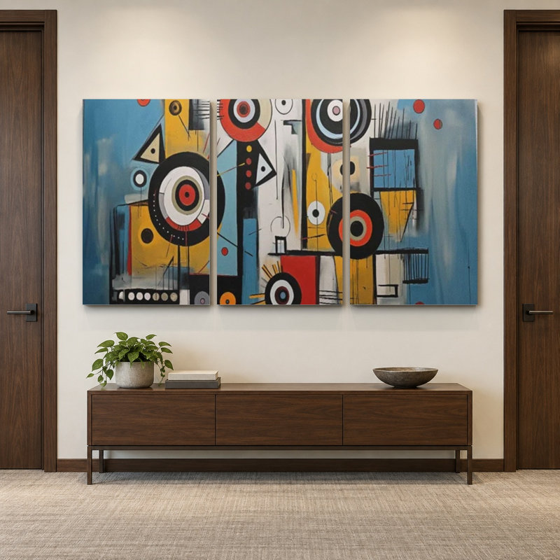 Reproduction d'art de style Mid-Century abstrait géométrique - toile rétro triptyque - reproduction de qualité musée, roulée ou étirée, décor de salon