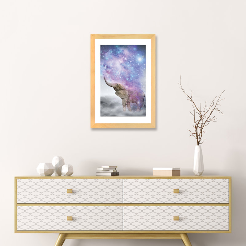 «Elephant - Dust Galaxy» par Soaring Anchor Designs - impression d'art graphique, Papier avec cadre beige, Blanc