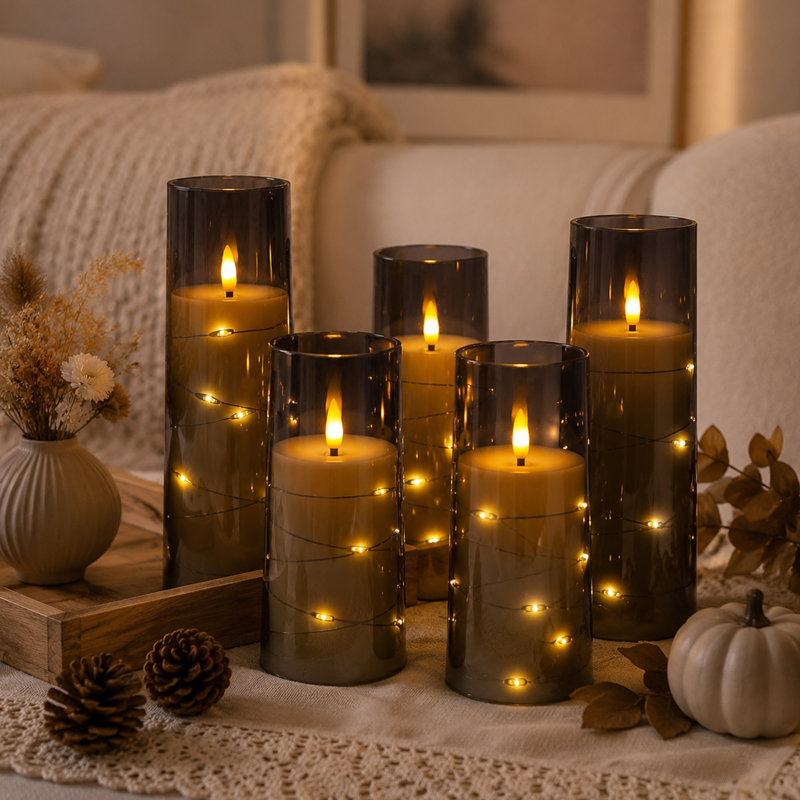 Ensemble de bougies colonne sans flamme à DEL, bougies scintillantes à piles avec minuterie et guirlandes lumineuses intégrées (ensemble de 5)