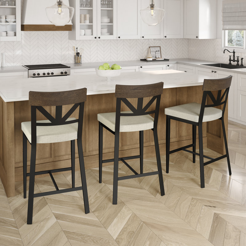 Tabouret de comptoir Mayna avec décor en bois massif, Gris clair/beige