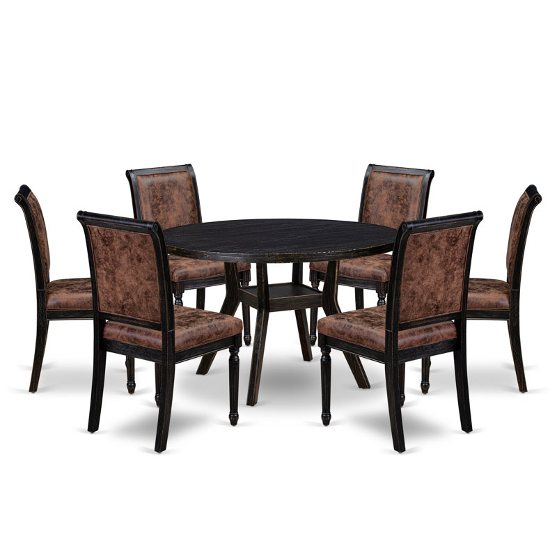 Ensemble de cuisine 7 pièces avec 6 chaises de salle à manger en polyester texturé brun, dossier haut et table de petit-déjeuner au fini noir sablé.