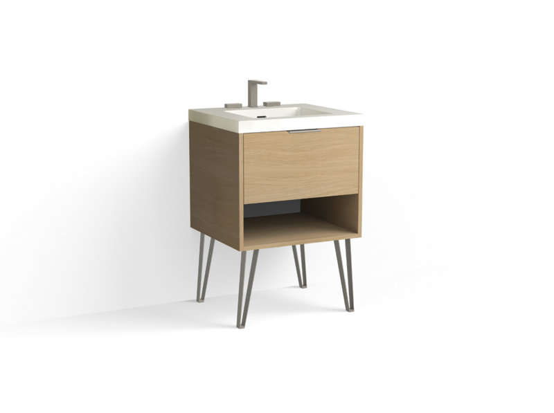 Modo 24" W Freestanding Single Bathroom Vanity with Dawson Leg, Matte White/8" Widespread, Biondo, Satin Nickel