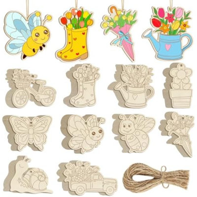 80PCS Wooden Spring Ornaments To Paint, 10 Styles DIY Blank Unfinished Wood Flower Cutouts Butterfly Ornament For Crafts Hanging Decorations, Cute Bee Flower Shape Home Decorations Gifts