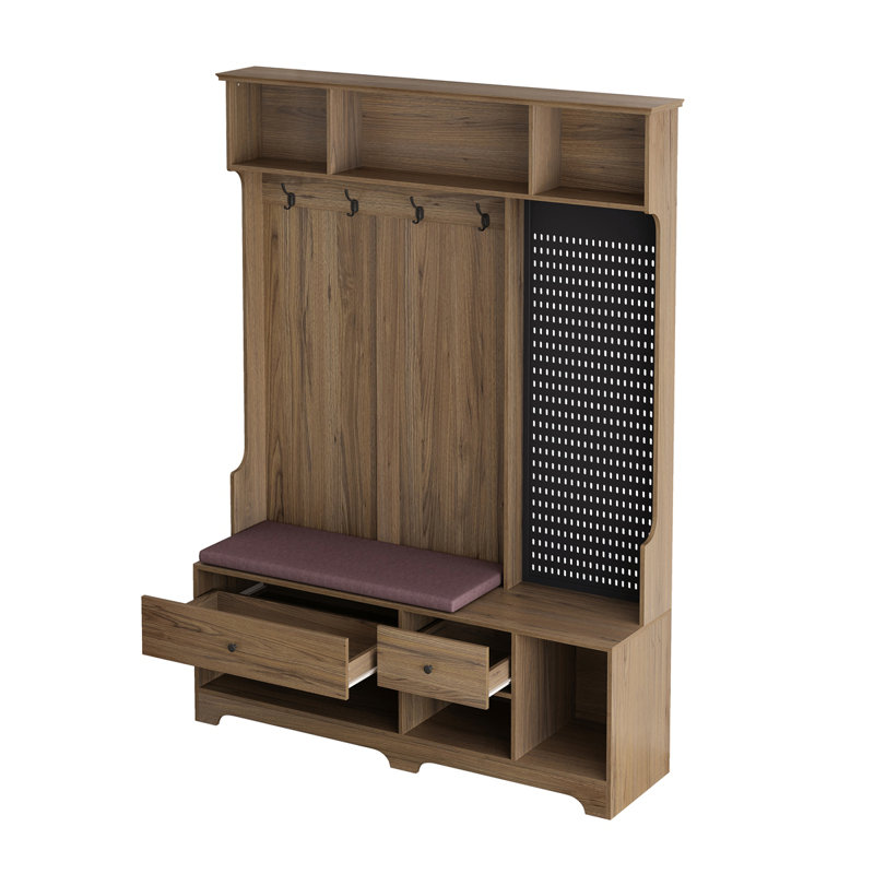 Arbre de couloir multi-usages avec banc d'entrée en lin rembourré amovible, portemanteau, tablettes de rangement et panneau perforé, pour les couloirs, le salon, le brun
