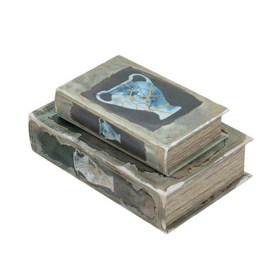 Set of 2 Decorative Book Boxes with Blue and Gold Vase Motifs