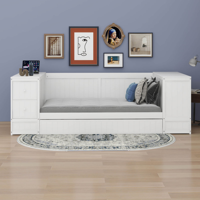Twin Size Daybed With Trundle & Drawers, White