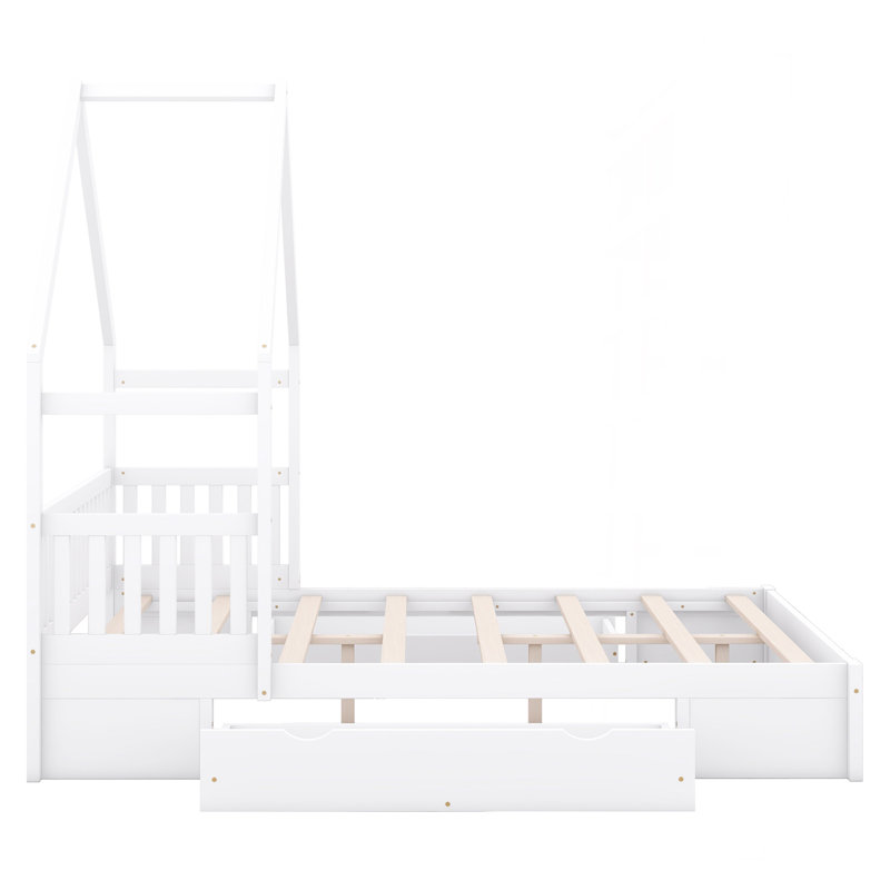 Wood Queen Size House Platform Bed With Guardrail And 2 Drawers, White, White
