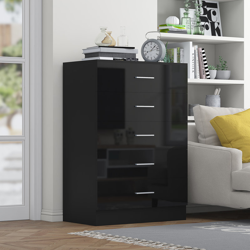 Eva High Gloss 5 Drawer Chest Of Drawers - H: 100cm x D: 40cm x W: 70cm, Black Oak/Gloss Black