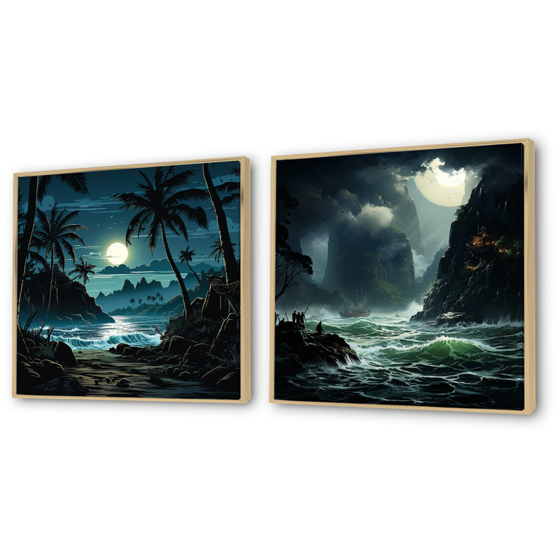 Tempête tropicale au clair de lune I - ensemble de 2 décorations murales tropicales côtières, Cadre flottant brun