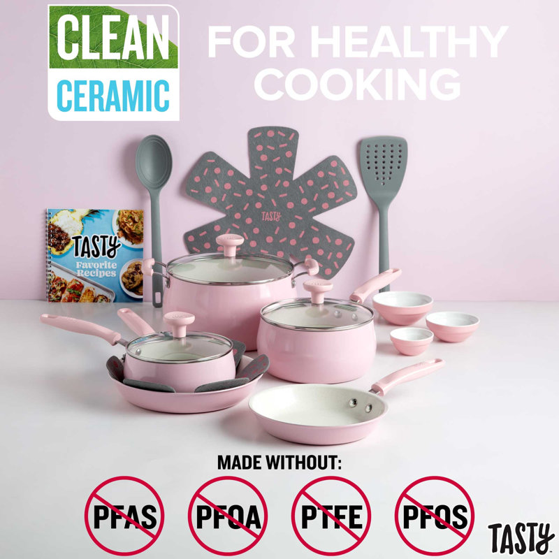 Pink 16-Piece Non-Stick Aluminum Cookware Set with Ceramic Coating