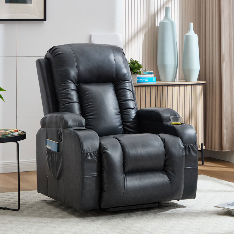 Aura 39.8" W Power Lift Recliner, Massage Heat, Cup Holders, Pockets, Dark Gray