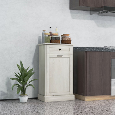 Kitchen Tilt Out Trash Bin Cabinet Free Standing Recycling Cabinet Trash Can Holder With Drawer, Light Gray