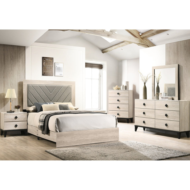 Lit pour grand lit moderne en bois d'hévéa, tête de lit classique, crème et gris, Crème/gris