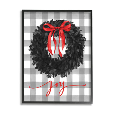 " Joy Calligraphy Holiday Wreath Plaid Red Bow " by Lettered And Lined