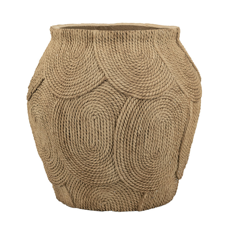 14.8" H x 15" W x 15" D Round Sand And Cement Planter With Woven Brown Texture, 14.8" H x 15" W x 15" D