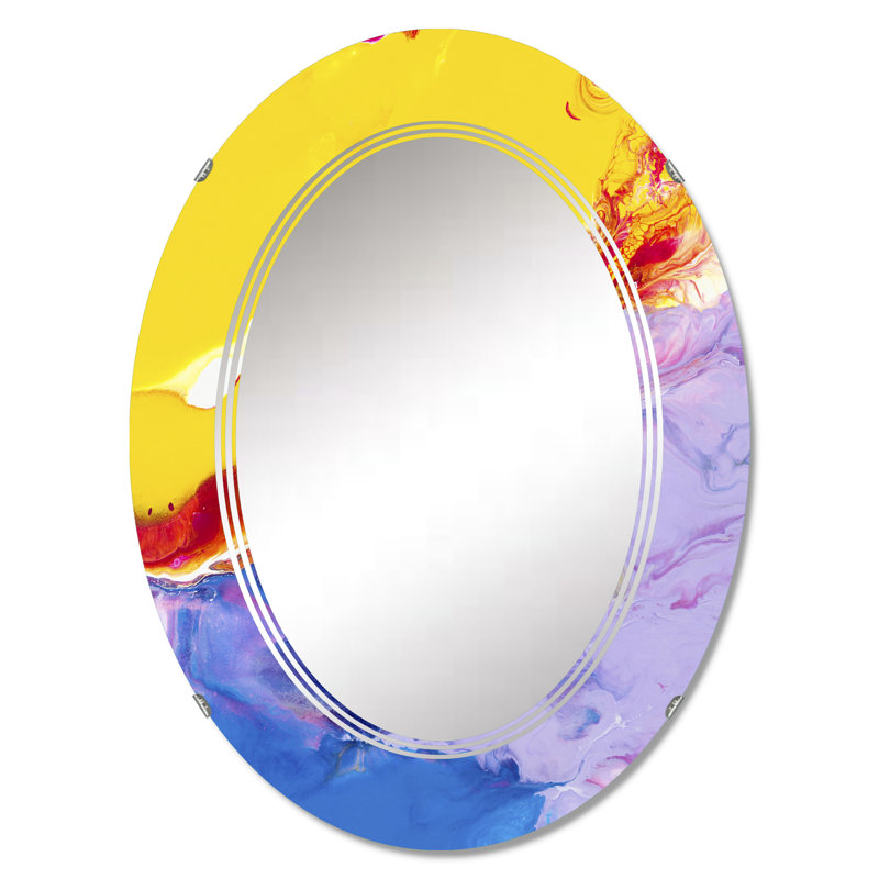 Jaune, jaune, rouge et bleu Stroke Universe I - Miroir mural moderne ovale, 30 po x 20 po
