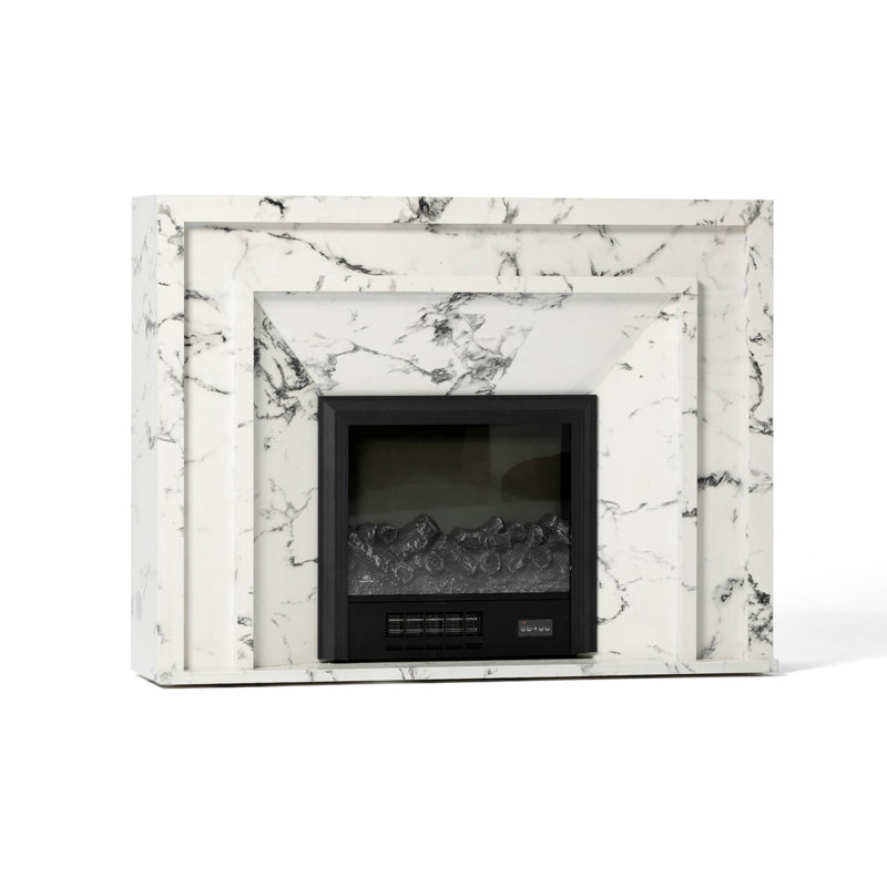 Bulgari-patterned smoky marble simulated fire smart fireplace