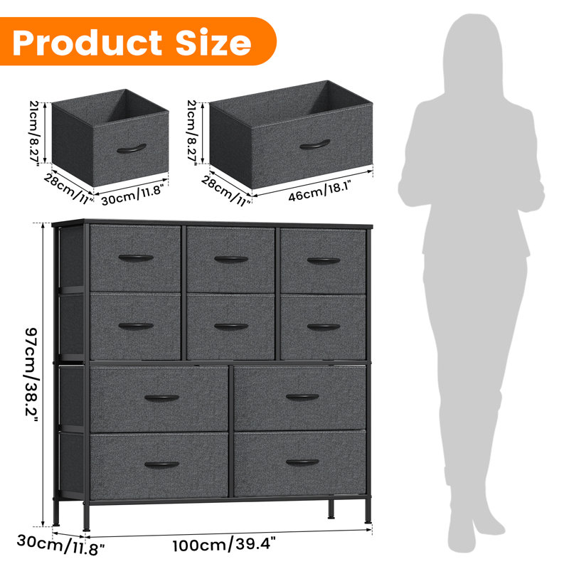 100cm W 10 - Drawer Chest of Drawers, Deep Grey