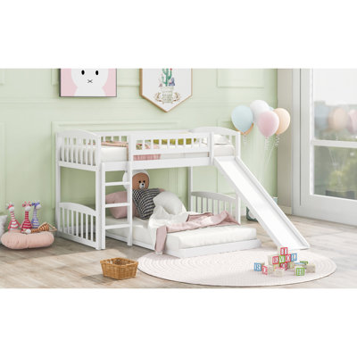 White Twin Over Bunk Bed With Built - In Slide And Side Installable , Solid Pine Wood Build, Good For Small Sized Bedrooms, Gray Design Lines, Slat Kit Support White, Equipped Reversible Frame
