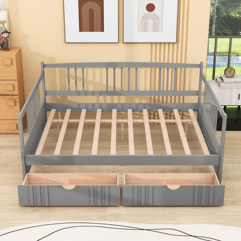 2 Drawers Full Wooden Daybed with Center Legs, Gray