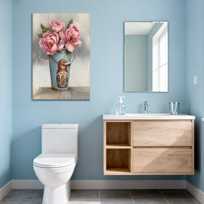 Plants &Flowers Pink Roses In Blue Bucket With Matryoshka Design, 24" H x 16" W
