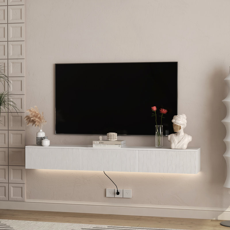 Sleek Wall-Mounted Floating TV Stand With 16-Color LED Lights And Ample Storage, White, 9.17" H x 68.8" L x 11.8" W