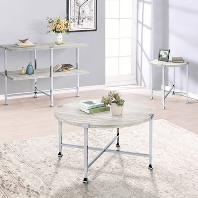 Élégante table basse industrielle - ronde, chêne blanc et placage
