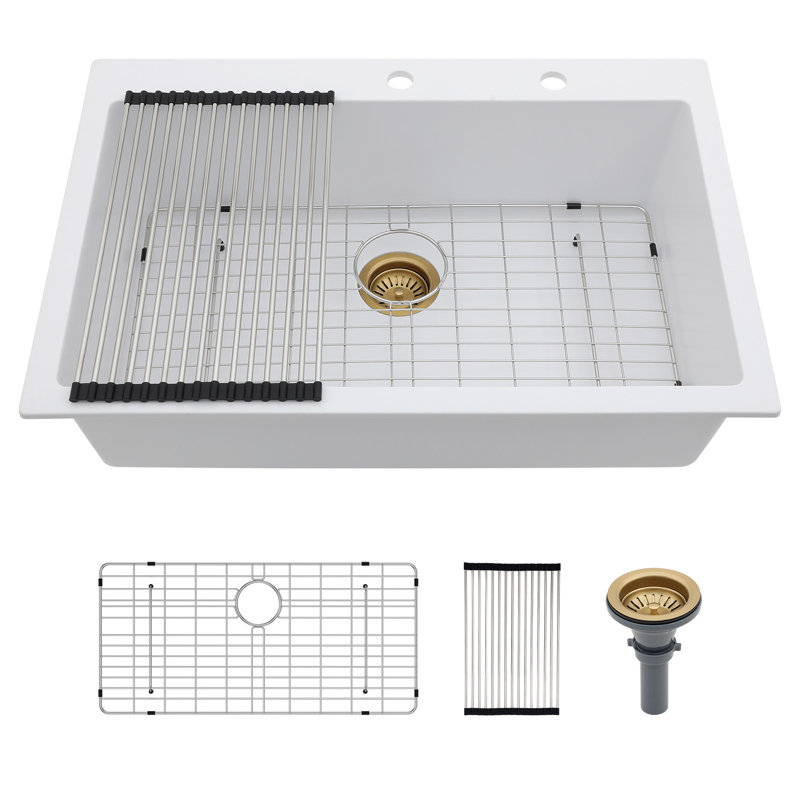 Quartz Kitchen Sink 33"L x 22"W Drop In Granite Composite Single Basin Kitchen Sink, White/Gold