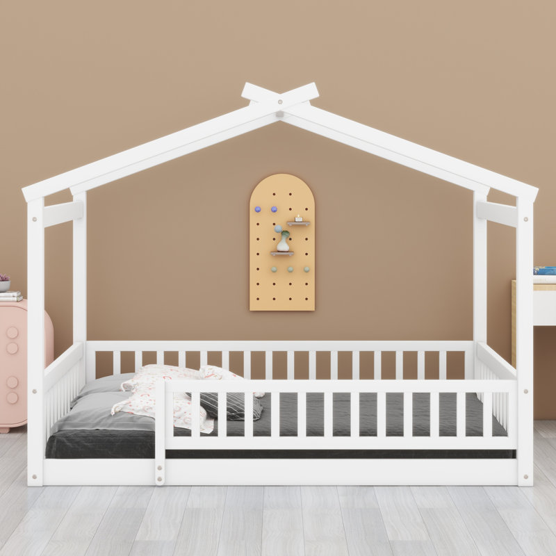 Structure de lit en bois avec clôture, Blanc